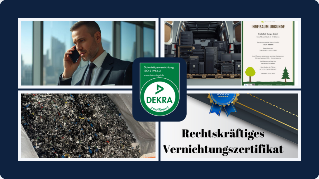 Collage centered on a DEKRA seal: businessperson on a phone, van with equipment, scrap metal pile, and a destruction certificate image nearby.