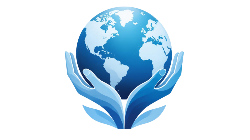 Blue globe cradled by stylized hands, symbolizing global protection and care.