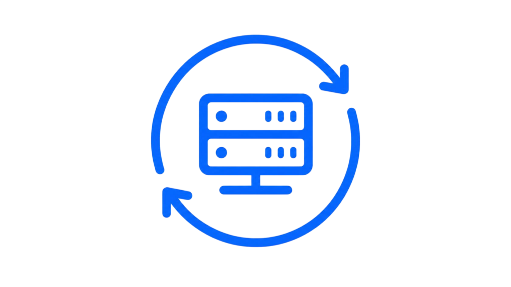 Blue circular refresh symbol around a computer server icon on a black background, indicating data update.