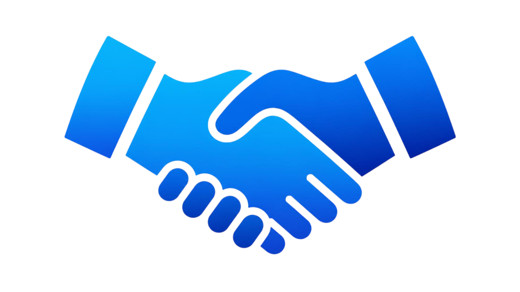 Blue stylized handshake symbolizing agreement and partnership on a black background.