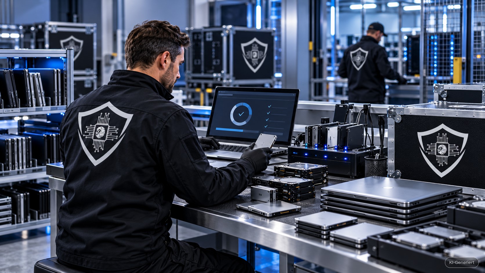 KI-Generiert: Illustrative Darstellung eines Hightech-Arbeitsplatzes zur sicheren Datenaufbereitung